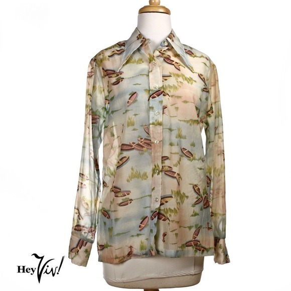 Vintage 70s ShirtStop Button Up Blouse Semi Sheer Pointy Collar 15/16 - Hey Viv - Picture 1 of 7